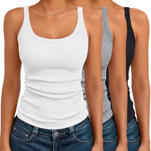 SUNBS 3-Pack Womens Ribbed Spaghetti Strap Tank Top, Sleeveless Summer Camisole, Cute Going Out & Vacation Outfits for Teens 3GWBlack M