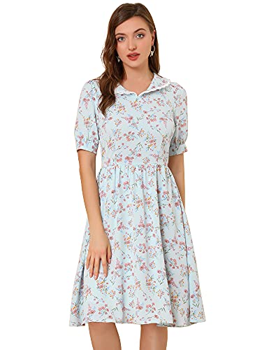 Allegra K Damenkleid im Vintage-Stil, mit Bubikragen, hohe Taille, fließend, Midi-Puffärmel, Blumenkleid, Blau, X-Klein