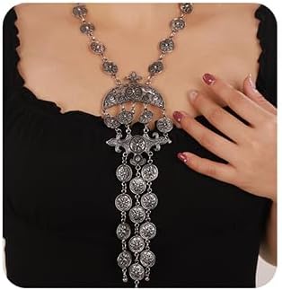 Wiwpar 2PCS Vintage Boho Carved Coin Necklace Ethnic Long Coin Pendant Necklace Bib Necklace Chunky Necklace Bib Festival Halloween Carnival Jewelry Costume Necklace for Women Girls