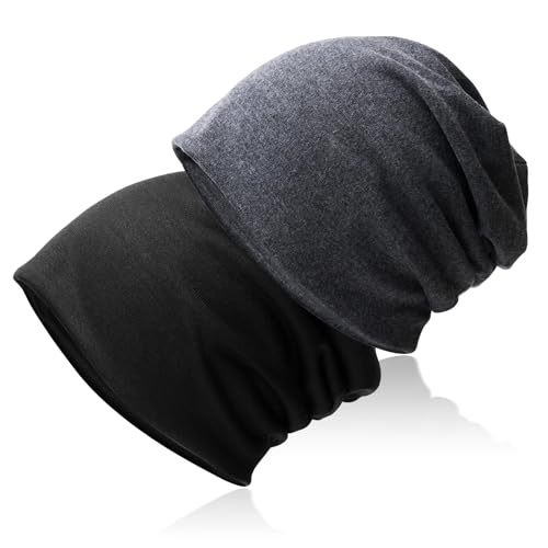 Hurinan Berretto unisex morbido in jersey con teschio, berretto classico e largo, leggero e morbido, in cotone lavorato a maglia, per uomo e donna, nero e grigio., 5 5/8-6 5/8