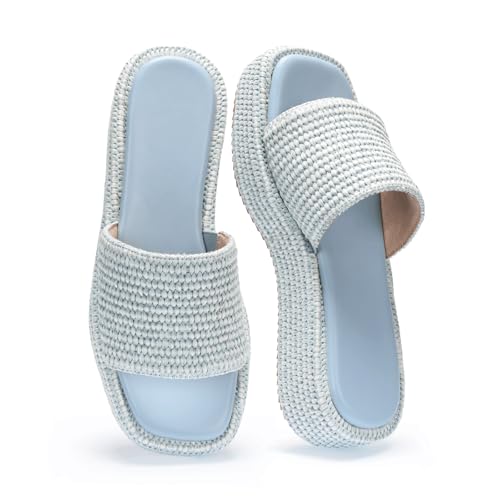 Image of Monrovia Platform Sandals Women Raffia Espadrille Slides, Woven Straw Flatform Beach Sandals Women, Slip On Summer Vacation Shoes, Comfortable Casual Daily Wear