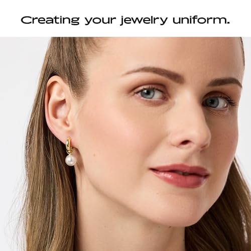Image of Ana Luisa Frida Pearl Jewelry Huggie Hoops - Medium & Small 14K Gold Plated & Silver Rhodium Plated Drop Hoop Earrings with Freshwater Pearls - 2-in-1 Hypoallergenic Water-Resistant, Tarnish-Free Hoop