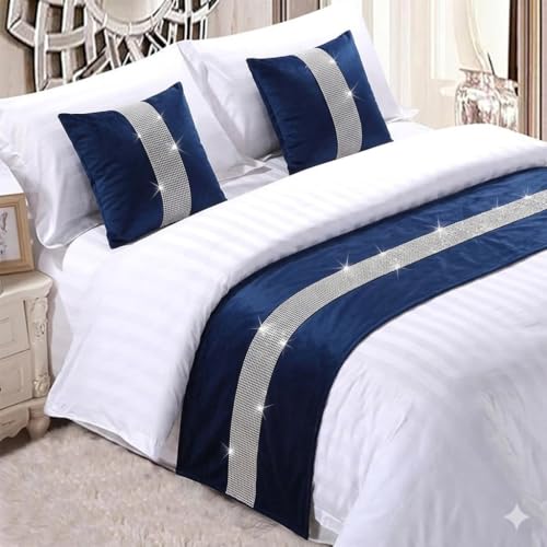 Image of Makooz Diamante Sparkle Quilted Velvet Bed Runner King Size for 1.5m Bed 1pc - Matching Cushion Cover Sold Separately - Hotel Grade Soft Scarf for Bedroom & Guesthouse Bedding - 63x265cm Navy Blue
