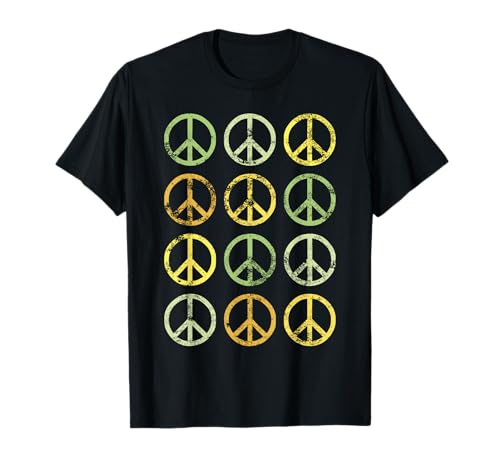 Rows Of Peace Signs Neutre Vert Jaune Boho Vintage Hippie T-Shirt