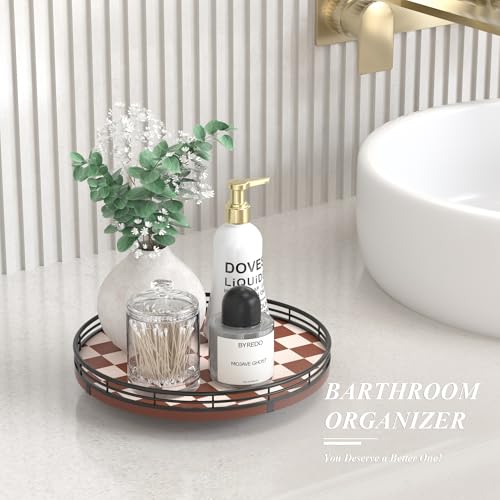 Image of Brown Checkered Lazy Susan Organizer, 10 Inch Rotating Countertop Tray with Black Metal Rail, Wood Turntable for Kitchen Counter, Coffee Bar, Bathroom Vanity, Perfume and Spices