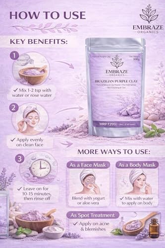 Image of Brazilian Purple Clay Powder for Face (100g) | Deep Pore Cleansing Face Pack | Skin Tightening, Oil Control & Natural Glow | Removes Impurities & Improves Texture