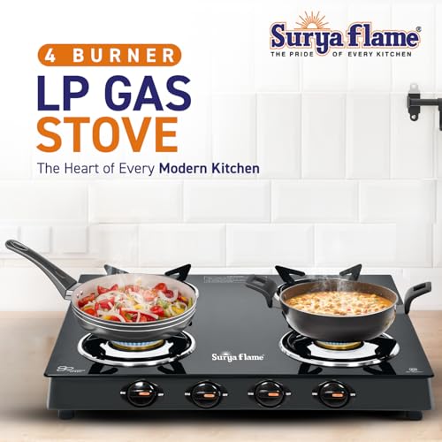 Image of Surya Flame Splendor 4 Burner Gas Stove | Toughened Glass Top | Brass Burners | Durable Brass Valve | Fuel Efficient 69%+ | Black