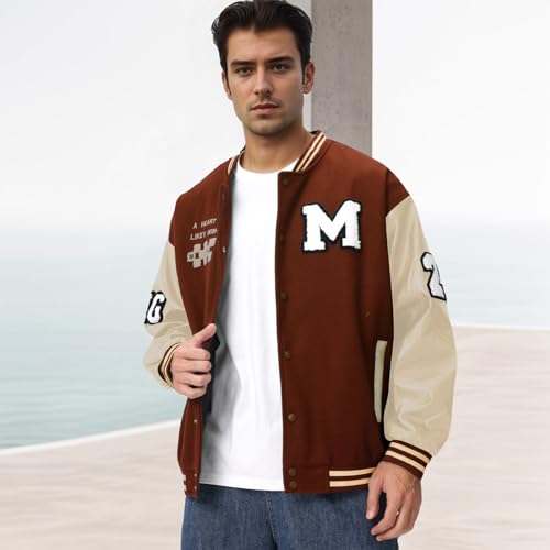 Image of Mens Varsity Jacket Baseball Bomber Jacket Vintage Unisex Streetwear Coats with Patchwork Hipster Utility Tops