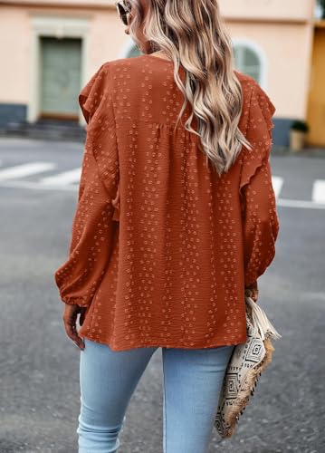 PRETTYGARDEN Women's Long Sleeve Blouses Ruffle Swiss Dot Crochet Loose Fit Tunic Dressy Casual Tops Shirts Fall Fashion 20252
