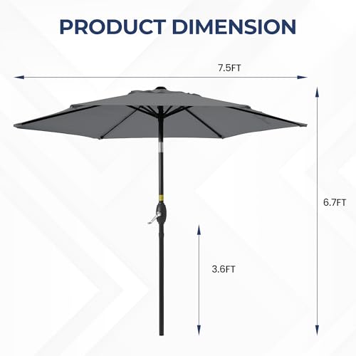 SUNVIVI OUTDOOR 7.5\' Outdoor Patio Umbrella, Patio Umbrella, Market Umbrella, Aluminum Pole Umbrella with Push Button Tilt and Crank, 6 Ribs, Polyester Canopy, Grey