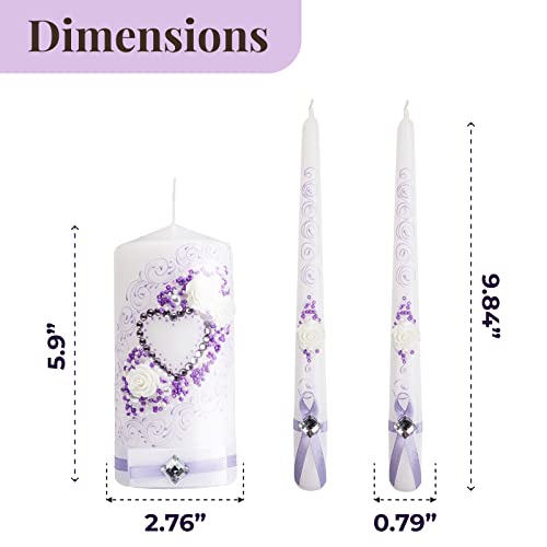 Unity Candles For Wedding Ceremony - Unity Decorative Wedding Candle Set Of 3 Ceremonial Candles - 6" Pillar & 2 10" Tapers Candles - Unity Candle Set Wedding Table Centerpiece - Purple & Crystals #TOP2