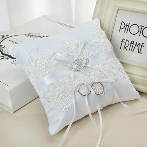 Joyzan Wedding Ring Pillow, Lace Pearl Ivory Bearer Cushion Holder Embroider Flower Decor Bridegroom Ring Display Lovely Party Beach Proposal Engagement Ceremony Floral Heart Romantic Decorative - Thumbnail 4