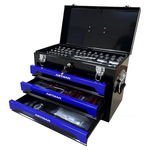439 Piece Mechanics Tool Set with 3 Drawer Heavy Duty Metal Box, Tool Box for Workshop Maintenance and Repair Projects.Black and Blue Cover