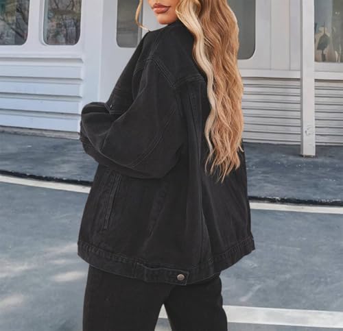 DvaeMalligo Women's Oversized Denim Jacket Casual Long Sleeve Button Down Distressed Trucker Jean Jackets with Pockets4