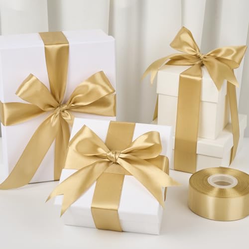 Image of Mauproy 1-1 /2 Inch Wide Champaign Gold Satin Ribbon, 50 Yards Solid Polyester Fabric Ribbon for Roses Making, Gift Wrapping, Flower Bouquets, Wedding Decorations, Handmade Crafts
