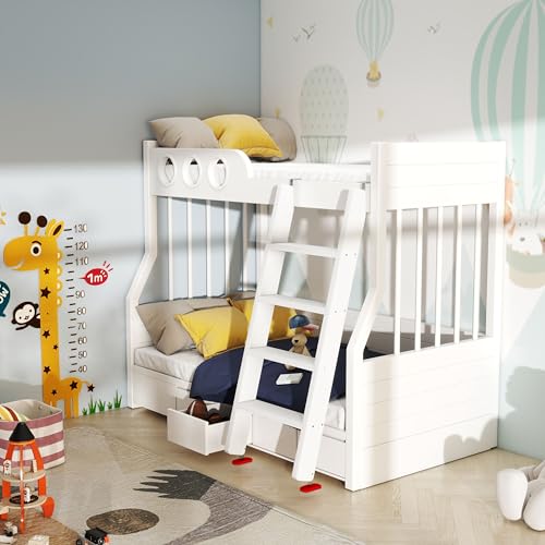 Image of 50 inch 55 inch 60 inch White Wood Bunk Bed Ladder, Lofted /Dorm /RV Bed Bunkbed Ladders with 4in Extra Wide Steps and Non-Slip Pads, Replacement Wooden Ladder for Motorhome /Camping (White, 55in /140cm)
