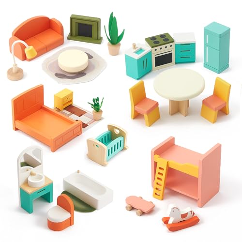 Giant bean 26 Pcs Large Wooden Dollhouse Furniture 5 Set for Kitchen, Living Room, Bedroom, Bathroom, Babyroom, Candy Dollhouse Accessories & Furniture Toy for Girls Boys Kids 3+