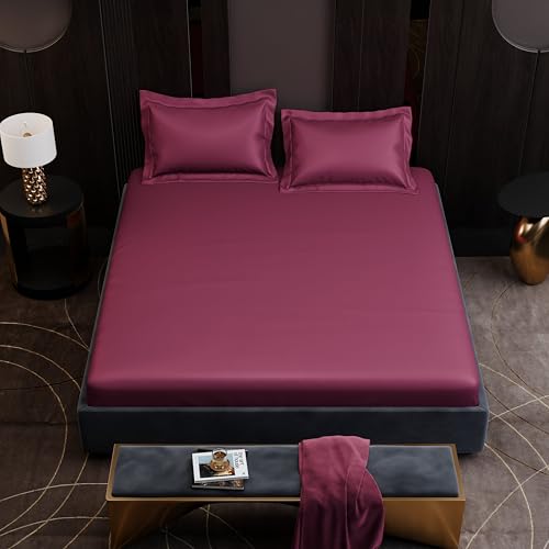 Image of Stoa Paris 350TC Luxstre Cotton Double Fitted Bedding Set with 2 Pillow Covers, All-Around Elastic Fitted Bedsheet 152cm x 198cm + 30cm Drop, All Season Comfort, Breathable, Panache - Maroon