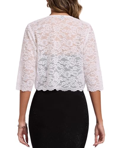 Image of MINTLIMIT Women's Elegant Floral Lace Shrug Bolero Summer Lightweight 3 /4 Sleeve Hook Open Front Cropped Cardigan for Dresses