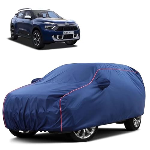 Image of Sulfar 100% Water Resistant Car Body Cover Compatible with Mirror for CITROEN AIRCROSS (Triple Stitched, Full Bottom Elastic, Blue Tafetta with Red Piping)