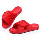 Git-up Women's Adjustable Diabetic Slippers Memory Foam House Shoes Cozy Arch Support Orthotic Heel Cup Arthritis Edema Slippers Non Slip Rubber Sole, Open Toe Fuzzy Slide Sandals for Ladies, Red 8/9