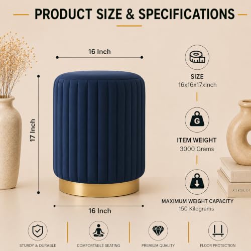 Image of Designer Velvet Round Footstool Ottoman with Sturdy Gold Metal Band Base for Home Decor & Extra Seating, Lightweight Pouf Stool for Sofa Side & Bedroom, 16x16x17 Inch (Royal Blue)