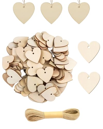 FUGLUS 100 x Corazones de Madera 30 mm Adornos Corazon sin Acabad con Agujero con 10m Cordel Natural para Manualidades Artesanías DIY de Boda Elaboración de Tarjeta de Día de San Valentín