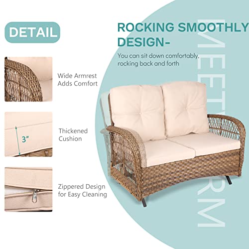 Meetwarm Outdoor Wicker Patio Glider Set With Glass-Top Coffee Table, Loveseat For 2 Person Porch Furniture Glider, Patio Glider Rocking Bench With Thickened Cushions #TOP3