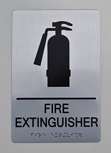 Fire Extinguisher Sign -Tactile Touch Braille Sign with Raised Letters -(Aluminum, Brush Silver,Size 6x9) The Sensation line