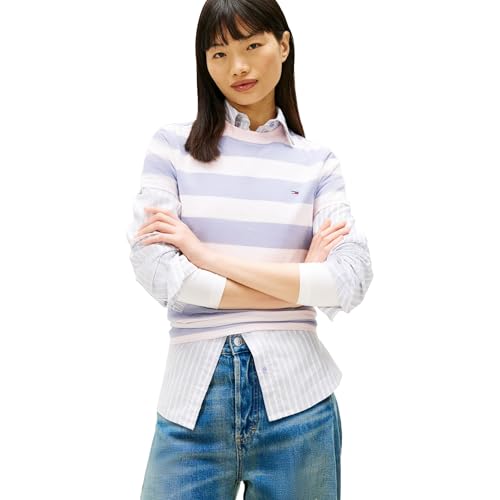 Tommy Jeans Camisetas femininas listradas de algodão de manga curta com logotipo bordado da bandeira, Poeira pervinca/várias listras, P