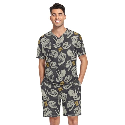 Men's Short Sleeve Pajama Set Dinosaur Skull Summer Pjs Set 2 Piece Loungewear Sleepwear with Pockets