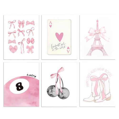 DaaJu 6pcs affiches Murales Coquette avec Nœud 20 x 25 cm Rose Esthétique Impression sur Toile, pour la Décoration de Chambre de Jeune Fille et Dortoir,sans...
