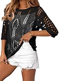 EVALESS Spring Tops Cruise Outfits for Women 2025 Short Sleeve Crochet Hollow Out Summer Sweaters Scoop Neck Lightweight Sweater Holiday Tops for Women Trendy 2025 Cold Shoulder Black Shirts, Large