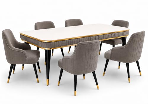 Image of WOODEN SPACE 6-Seater Wooden Dining Table Set | Nano Composite Marble Top | Solid Wood Base | Modern Dining Room Furniture with 6 Chairs (Brown Modern Zyro)