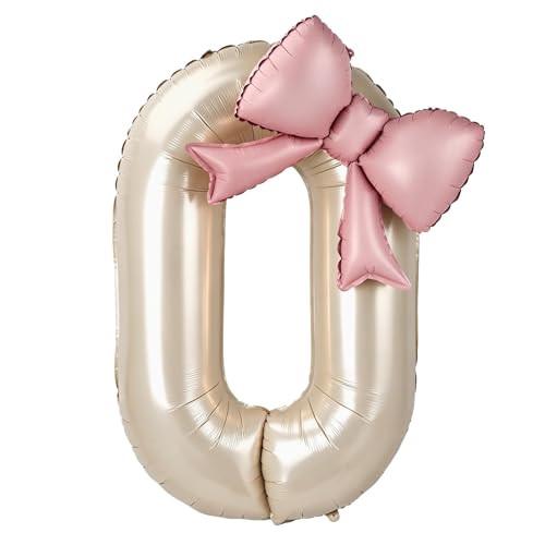 40 Inch Cream Number 0 Balloon with Pink Bow, Coquette Aesthetic Foil Balloon for Birthday Decorations, 18th 21st 30th Anniversary Party Supplies, Photo Backdrop