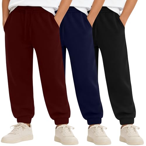 LessonZoo 3 Pack Boys' Sweatpants Kids Athletic Joggers with Pockets Baggy Drawstring Casual Elastic Waist Pants(Black, Navy Blue, Wine Red,Medium) by LessonZoo - Used condition - US$17.02