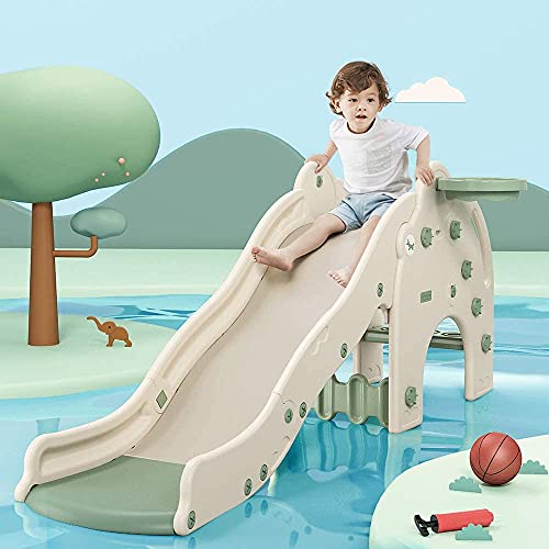 Kids Slide with Basketball Hoop Plastic Toddler Climber Play Slide Wave Slideway Max Load 330lb Non-Slip 3 Steps Freestanding Slide Toy for Children Both Indoor Outdoor Use Elephant Beige