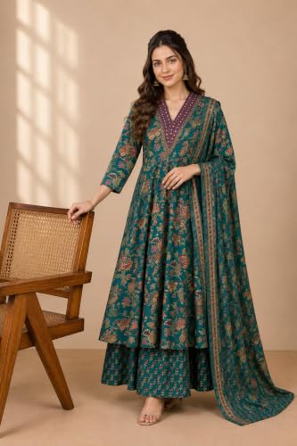 Image of Women's Rayon Printed Anarkali Kurta and Pant with Dupatta Set