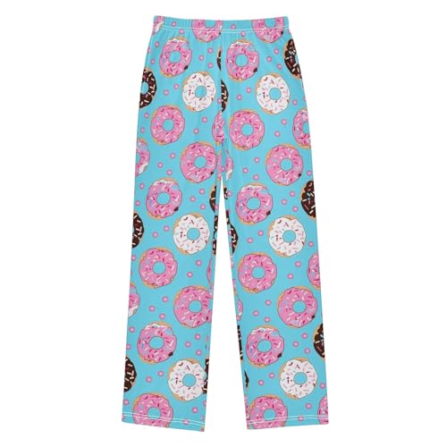 Cute Pink Donuts Pattern Pajama Pants Lounge Sleep Pants Elastic Waist Long Pajama Bottoms with Pockets for 6-14 Years
