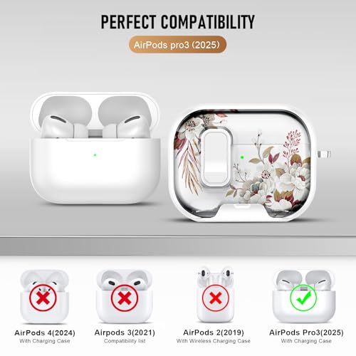 Image of Compatible Airpods Pro 3 Case (2025) with Phone Stand & Cleaner Kit,Cute Flower Print Soft Silicone Lock Clip Apple AirPods Pro 3rd Generation Case, Airpod Pro 3 Cover with Keychain for Women /Girls