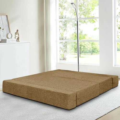 Image of Rosebell Two Seater Sofa Cum Bed | Jute Fabric Washable Cover | with Cushions Perfect for Guest | Golden-Color | 4' X 6' Feet