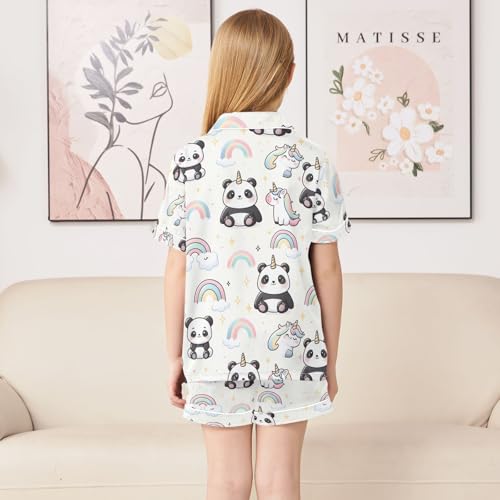 ALAZA Cute Panda Unicorn Rainbow Pajamas Satin Pajama Set Short Sleeve Button Down Sleepwear4