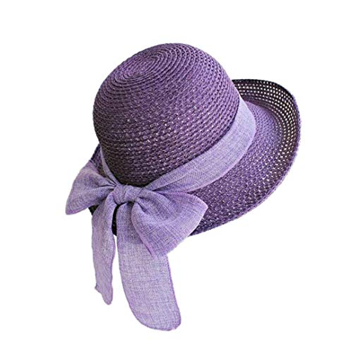MGE Elegante Sombrero de señora Sun Sombrero al Aire Libre del Verano de señora Paja Sombrero de Sun Protección Parasol de Playa Sombrero de Playa Sombrero (Color : Purple, Size : 56-58cm)