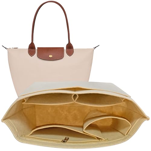 TUKYWAN Purse Organizer Insert for le pliage Tote,Handbags Insert Organizer for Longchamp Bag with Divider Pocket and Zipper Inner Bag Liner (Beige, Medium)