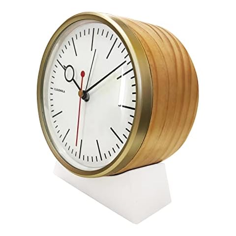 Cloudnola Bloke Wooden Alarm and Mantel Clock, White and Natural Wood Modern Design, 5.3" Dia, Domed Glass Lens, Silent Non Ticking Cover