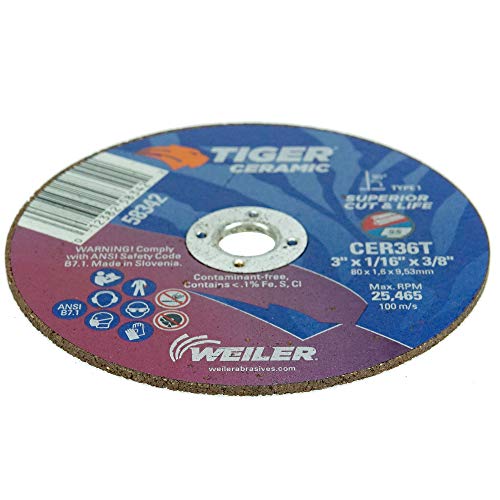 Image of Weiler 58342 3-Inch Cutting Wheel, Tiger Ceramic Contaminant-Free, Max Performance Cutting, 1 /16 inch CER36T Type 1 3 /8 inch Arbor (Pack of 100)