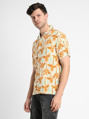 Image of Dennis Lingo Men's Rayon White Printed Relaxed Fit Cuban Collar Half Sleeve Casual Shirt