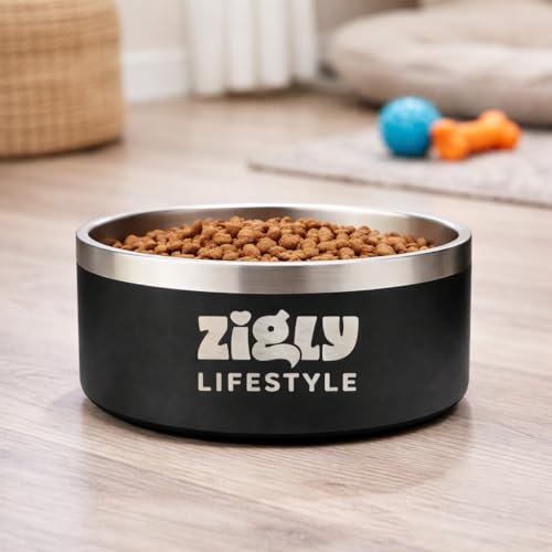 Image of Zigly Lifestyle Double Walled Stainless Steel Dog Bowl for Small Breeds | Insulated Food & Water Bowl with Anti-Skid Base | Rust-Resistant & Easy to Clean | 740ml | Black | Small