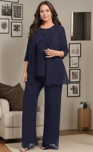 Elegant Navy Blue Mother of the Bride Pant Suit | 3-Piece Chiffon & Lace Formal Outfit by WinKitor - Image 4