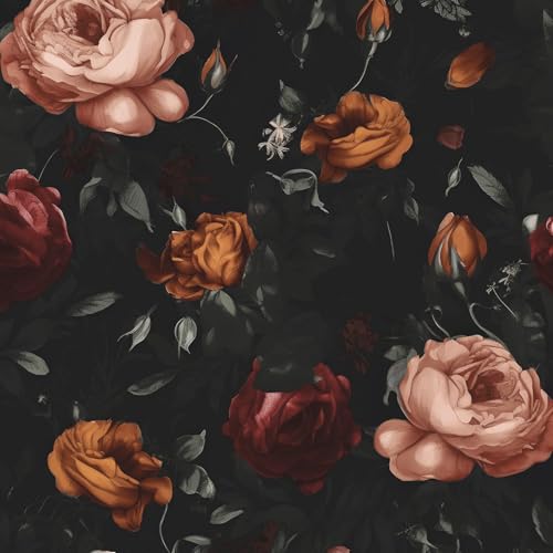Dark Floral Wallpaper Peel and Stick, Black Vintage Orange/Pink Rose Contact Paper 17.5 x 393.7in, Waterproof Self Adhesive Flower Retro Boho Wall Paper for Bedroom Walls Cabinet Shelf Table Drawer